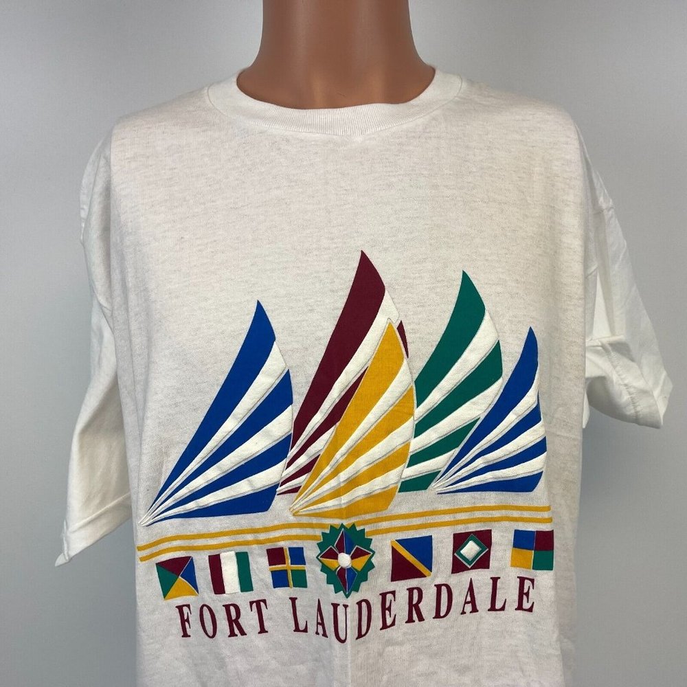 Sherry Fort Lauderdale Florida Sailboats Embossed T Shirt Vtg 90s White Size XL
